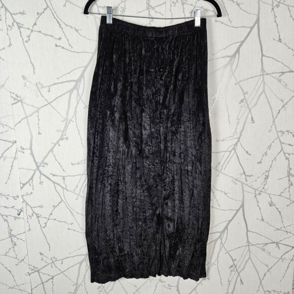 Au Cotton Black Crushed Velvet Elastic Waist Midi Pencil Skirt - Picture 3 of 5